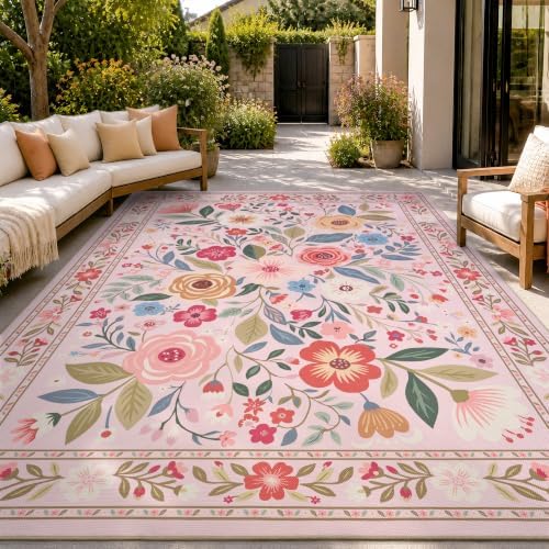 PADOOR Outdoor Rug 8x10 ft, Floral Washable Indoor Outdoor Area Rug, Flat‑Woven with Quick Dry Patio Carpet, Fade & Shed Resistant, Non‑Slip & Soft for Patio, Deck, Backyard, Porch, Living Room, Pink by PADOOR