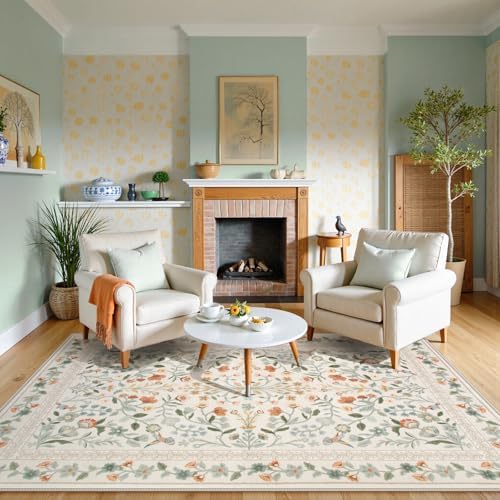 Lahome Beige Floral Washable Area Rug 9x12, Extra Large Botanical Carpet - Image 2