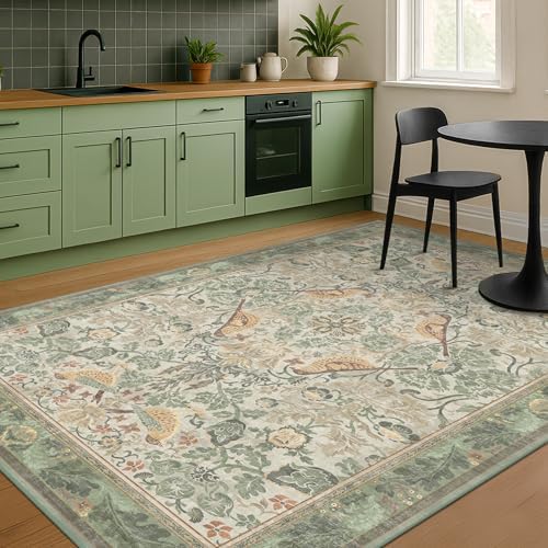 Hazo Haus Washable Living Room Rug 6x9 - Sage Floral Nature Area Rugs for Bedroom, Dining Room Kitchen Table Rug for Under Table, Office, Stain Resistant Non-Slip - Sage Green - Image 3