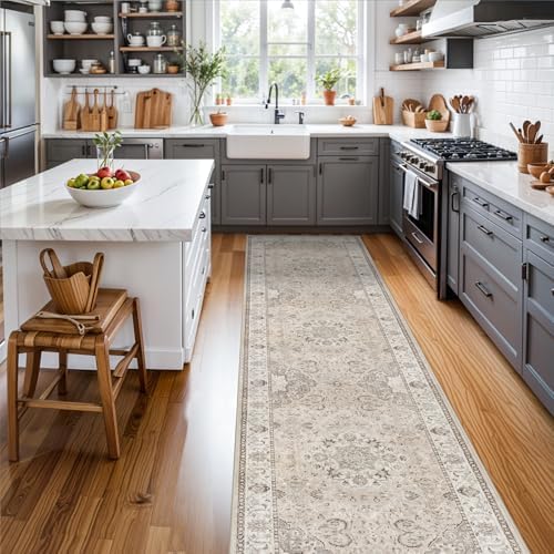 Hallway Washable Runner Rug - 2x10 Kitchen Rugs Entryway Rug Runner Vintage Soft Floor Mat Non Slip Indoor Farmhouse Carpet for Bathroom Living Room Bedroom (2 X 10, Beige) - Image 6