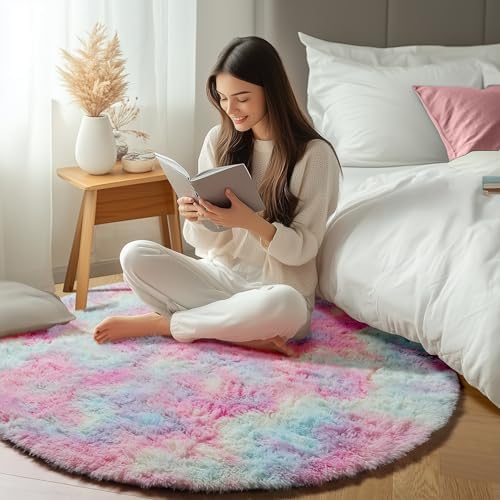 ONASAR Rainbow Round Area Rugs 5ft, Soft Bedroom Circle Rug Mats for Kids Girls Teen Room, Kawaii Fluffy Plush Shaggy Carpet for Dorm Nursery Living Room Playroom Home Decor Princess Castle - Image 6