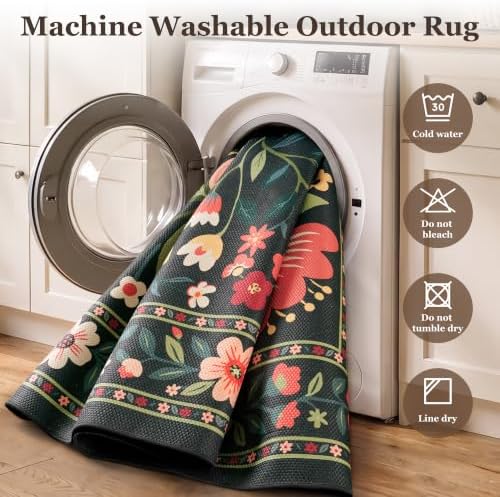 PADOOR Outdoor Rug 4x6 ft, Floral Washable Indoor Outdoor Area Rug, Flat‑Woven with Quick Dry Patio Carpet, Fade & Shed Resistant, Non‑Slip for Patio, Balcony, Porch, Deck, Entryway, Charcoal Grey - Image 4