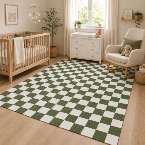 4x6 Checkered Area Rug for Living Room, Soft Low Pile Dark Green rugs - Image 2