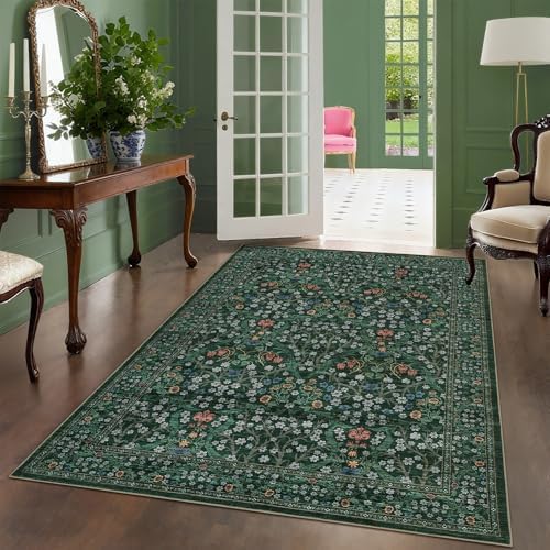 GarveeHome 6x9 Washable Area Rug for Living Room, Floral Dining Room Rugs for Under Table, Low Pile Non-Slip Stain Resistance Floor Carpet for Bedroom, Dark Green - Image 3