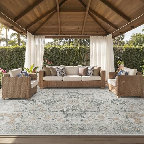 GENIMO Indoor Outdoor Rug, Washable for Patio and Deck, Ivory Grey, 10x14 by GENIMO