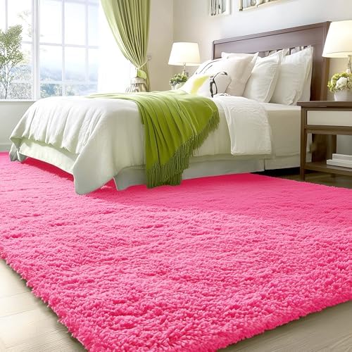 OLANLY 9x12 Machine Washable Large Area Rugs for Living Room, Bedroom, Soft Fluffy Shaggy Bedside Rug, Indoor Floor Carpet for Kids Girls and Boys, Dorms, Nursery, Home Decor Aesthetic, Hot Pink - Image 3