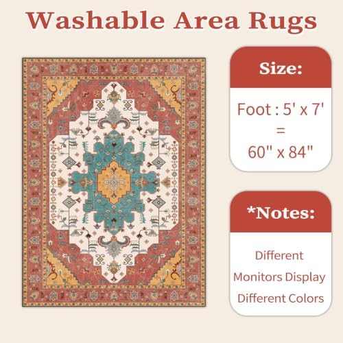SERISSA 5x7 Washable Non Slip Boho Area Rug for Living Room，Orange - Image 6
