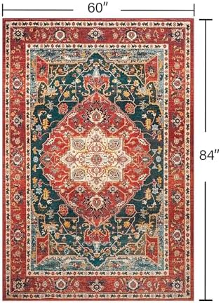 YJ.GWL Area Rugs for Living Room 5x7 Machine Washable Rugs, Non Slip Floral Vintage Rug Indoor Carpet, Stain Resistant Large Rug for Bedroom Dining Room, Orange-Red - Image 2