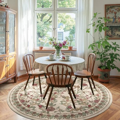 jinchan 7ft Round Rug Floral Vintage Washable Area Rug, Red/Green by JINCHAN