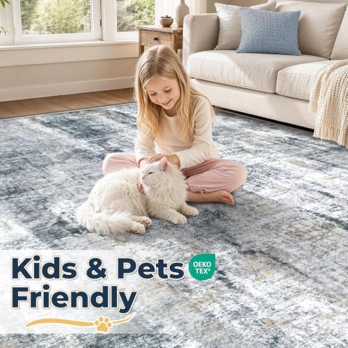 MXSANYOO 9x12 Area Rugs Washable Rug: Abstract Neutral Rugs Modern Non Slip Area Rug Stain Resistant Low Pile Indoor Carpet for Dining Room Bedroom Nursery Office (Multi Blue, 9'x12') - Image 4