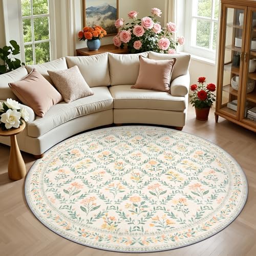 PLHXFR Round Area Rug Living Room: 6 ft Floral Washable Carpet Beige Multi by PLHXFRSoftAreaRugs
