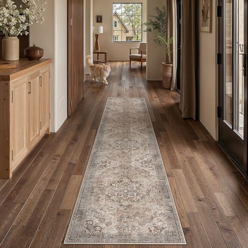 PureCozy Brown Runner Rug 2x10 Hallway Vintage Floral Non-Slip Carpet by PureCozy