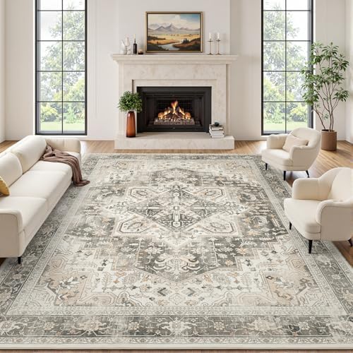 Rugflix 9x12 Area Rugs for Living Room, Machine Washable Rug Non Slip Stain Resistance, Large Rug Vintage Distressed Soft Carpet for Bedroom, Dining Room, Home Office, Beige Grey by RugflixAreaRugs
