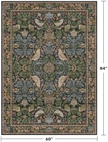 Hazo Haus Vintage Floral & Bird Washable Area Rug 5x7 - Dark Green Traditional Forest Distressed Antique Rugs for Living Room, Bedroom, Dining Room, Non-Slip Stain Resistant Low Pile - Image 2