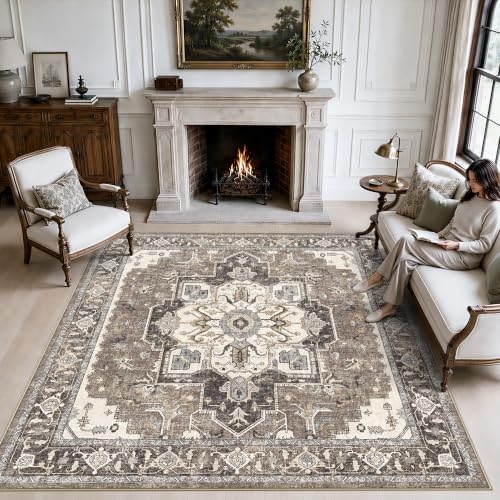Living Room Washable 6x6 Square Rug: Vintage Non-Slip Backing Area Rugs Stain Resistant Carpet for Bedroom Nursery Indoor Soft Thin Low Pile Home Decor Floor Mat for Kitchen Dining Room (Beige,6x6) by RUUGME