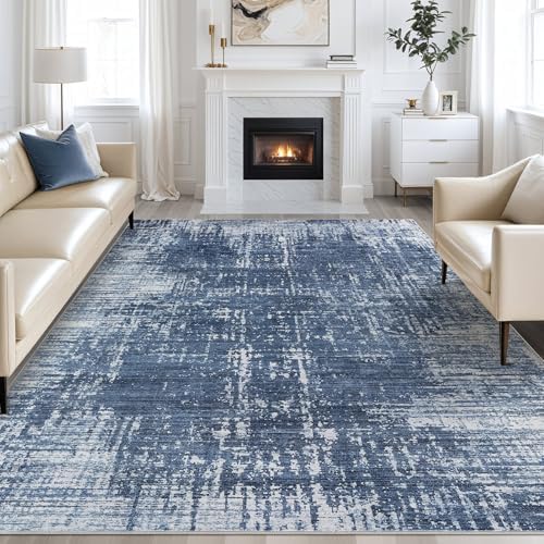 kakania Abstract 9x12 Area Rugs for Living Room: Washable Rugs Dark Blue by kakania