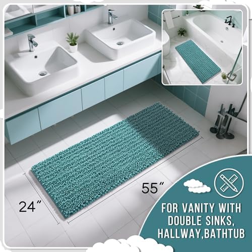 Yimobra Bathroom Runner Rug 55x24 Inch - Extra Long Non Slip Chenille Bath Mat, Soft & Absorbent, Machine Washable Shaggy Hallway Carpet for Vanity Tub Shower, Teal Blue Home Decor Accessories - Image 2