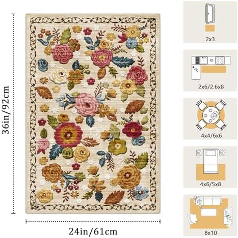 Washable 2x3 Small Area Rug, Beige Boho Floral Non-Slip Entryway Door Mat - Image 2