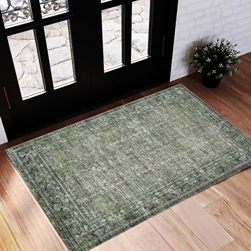 CHAMPLANT Washable Area Rug 2'x3' Door Mat Vintage Distressed Doormat Indoor Entrance Traditional Thin Rug Floral Print Non Slip Carpet for Kitchen Bathroom Bedroom Living Room by CHAMPLANT