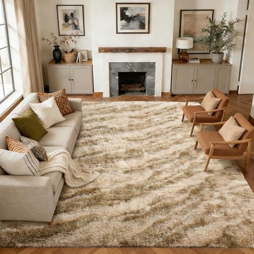 9x12 Extra Large Fluffy Area Rugs Non-Slip for Living Room Tie-Dyed Khaki - Image 2
