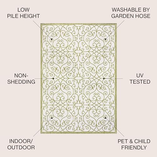 JONATHAN Y Vintage Filigree Indoor Outdoor Square Area Rug 5X5 Green/Cream, Madrid Textured Weave for Backyard, Patio, Porch, Easy-Cleaning, High Traffic, Pet-Friendly, Non-Shedding (SMB107H-5SQ) - Image 2