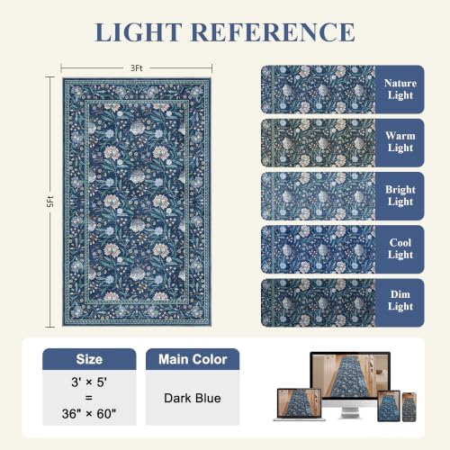 DUKINO 3x5 Rug, Washable Vintage Floral Bedroom Area Rug Non Slip Dark Blue - Image 2
