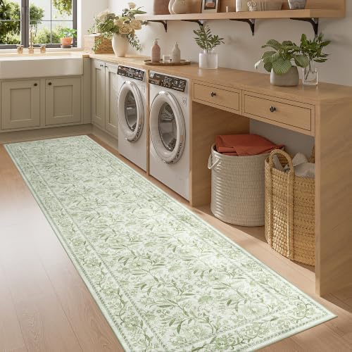 DUKINO 2x8 Runner Rug, Washable Vintage Floral Kitchen Rugs, Sage Green - Image 3