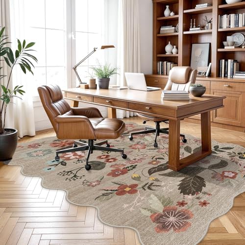 5x7 Area Rugs for Living Room: Floral Scalloped Washable Bedroom Rug Brown - Image 5