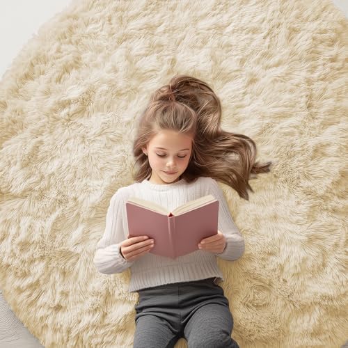 OLANLY Cream Round Rugs for Bedroom - Machine Washable, 5 ft Circle Area Rugs for Living Room, Soft and Fluffy Shaggy Carpet for Teen Girl and Boys, Nursery Rooms, Dorms, Home Decor Aesthetic by OLANLY