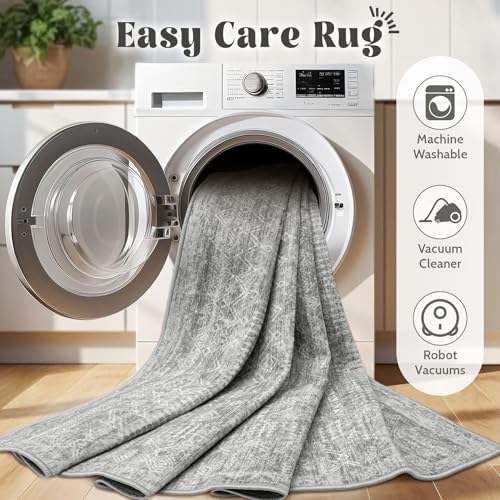 Living Room Rugs 9x12: Washable Moroccan Geometric Boho Rug Farmhouse Non Slip Stain Resistant Large Rug Low Pile Soft Carpet for Bedroom Dining Room Children Room (Grey,9'x12') - Image 4