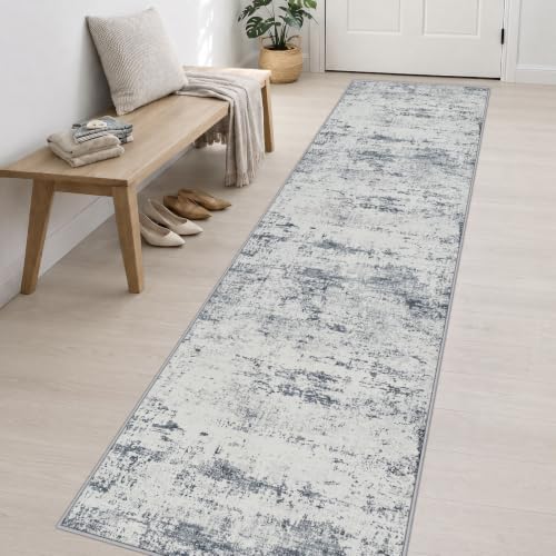 2.6x14 Washable Runner Rug:Modern Abstract Soft Carpet Blue Grey - Image 3