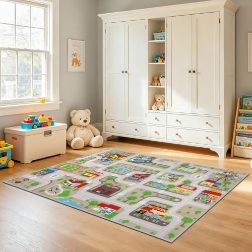 Capslpad Tan Car Road Kid Rug Carpet Playmat for Playoom Traffic Road Kids Play Mat for Toddler Non Slip Washable City Map Race Track Carpet Rug for Kids Room Bedroom Nursery Room Decor,5.2'x3.3' - Image 5