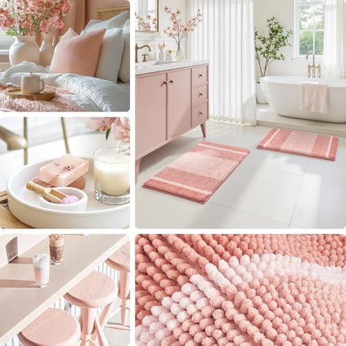 HOMEIDEAS Pink Bathroom Rugs Sets 2 Piece Chenille, 20"x32"+17"x24" - Image 3