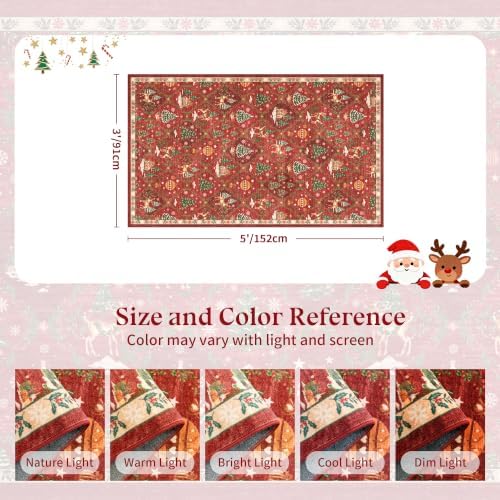 3x5 Christmas Non-Slip Area Rug, Red Washable Vintage Entryway Rug - Image 2