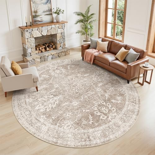 Madane Washable Round Rug 8ft for Living Room, Soft Neutral Rug Brown/Sand by Madane