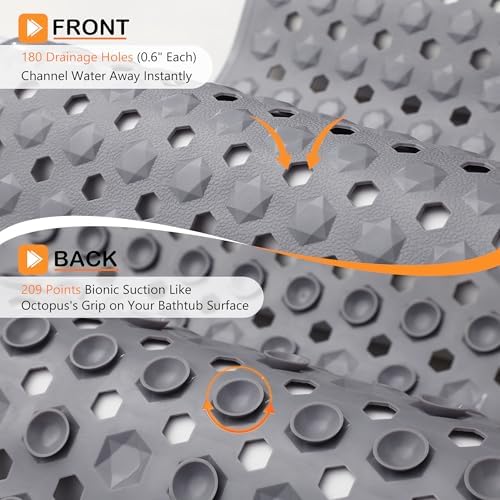 Yimobra Bathtub Mat Non Slip, 27.5"X15.5" Machine Washable Shower Floor Mat, Soft on Feet, Bathmat with Drain Holes and Suction Cups, Bathroom Essentials, Grey - Image 2