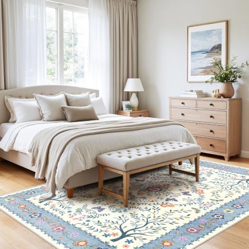 4x5 Area Rug Washable Vintage: Non Slip Entryway Floor Carpet Blue Ivory - Image 2