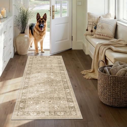 2x5 Washable Kitchen Runner Rug Non-Slip Vintage Khaki Throw Carpet by HOME