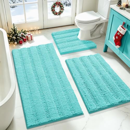 ACCUMTEK Striped Teal Green Bathroom Rug Set 3 Pieces Ultra Soft, Non Slip Chenille Toilet Mat, Absorbent Plush Shaggy Bath Mats for Bathroom, Bedroom, Kitchen, Turquoise by ACCUMTEK