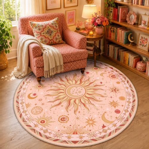 Vacuum-Friendly, Round 4ft Washable Area Rug, Pink Gold Beige Red by meejou