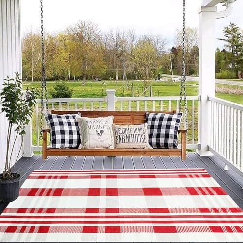 Christmas Plaid Outdoor Rug, 4' x 6' Red&White Check Indoor/Outdoor Area Rug, Layering Rug for Hello/Welcome Door Mat, Machine Washable Cotton Woven Rug for Farmhouse Front Porch, Entryway - Image 5