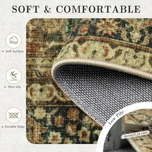 8x10 Area Rugs for Living Room - Washable Vintage Retro Large Rug, Soft Ultra Thin Non Slip Low Pile Traditional Distressed Boho Carpet for Bedroom Dining Room Home Office, Brown Green - Image 7