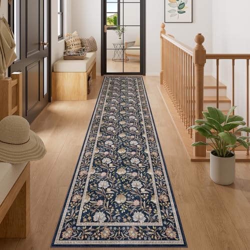 DUKINO 2x10 Runner Rug for Hallway, Washable Vintage Floral Rug, Navy Blue by DUKINO