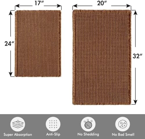 MIULEE Set of 2 Waffle Bathroom Rugs Boho Bath Mat Caramel 17"x24"+20"x32" - Image 2