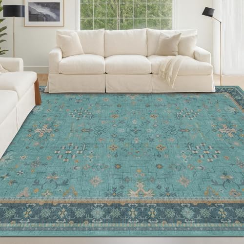 Boho Teal 6x9 Area Rugs for Living Room, Geometric Floral Design Rug for Bedroom, Dining Room - Vintage Turquoise Décor Indoor, Low Pile & Soft Stain Resistant Carpet by HazoHaus
