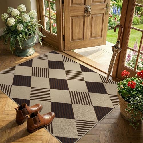 Easy Jute 3x4 Entryway Rug, Washable Non Slip Farmhouse Diamond Checkered by JTJ