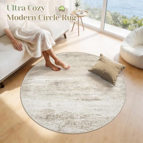 Washable Round Rug 4ft for Bedroom: Circle Neutral Soft Rug Abstract Non Slip Low Pile Modern Area Rugs for Living Room Nursery Office Dining Kids Boys Girls Room Farmhouse Dorm (Beige, 4' Round) - Image 5