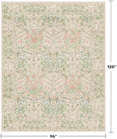 Cream Green Washable 8x10 Area Rugs for Living Room, Bedroom, Dining Room Under Table, Playroom, Stain Resistant Non-Slip Light Green Carpet with Pale Yellow and Pink Blossoms and Blue Flowers - Image 2