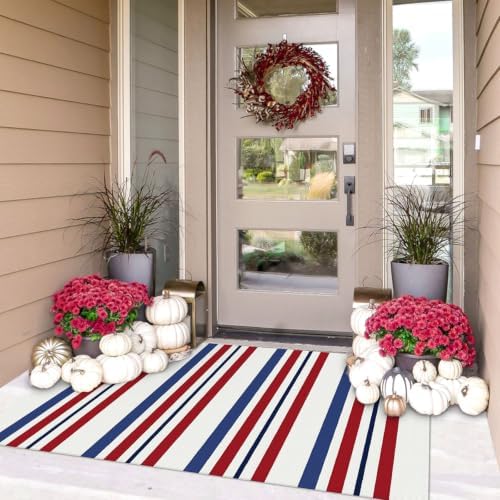 IOHOUZE Patriotic Striped Outdoor Rug 3x5, Washable, Red White Blue by iOhouze