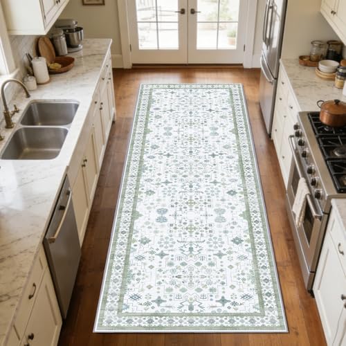 2'6 x 10' Runners Rug for Kitchen Washable (Pale Sage Misty Blue) - Image 2